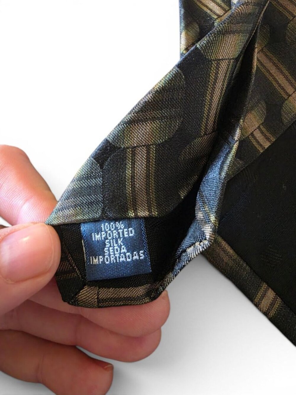 Stafford Executive Silk Tie Black Green Brown Geometric Satin Woven Classic USA - Picture 9 of 13